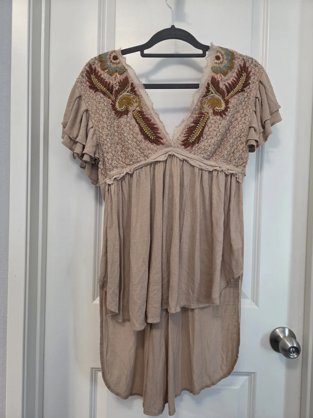 Boho Embroidered V-Neck High-Low Top with Ruffle Sleeves & Back Tie Tassels